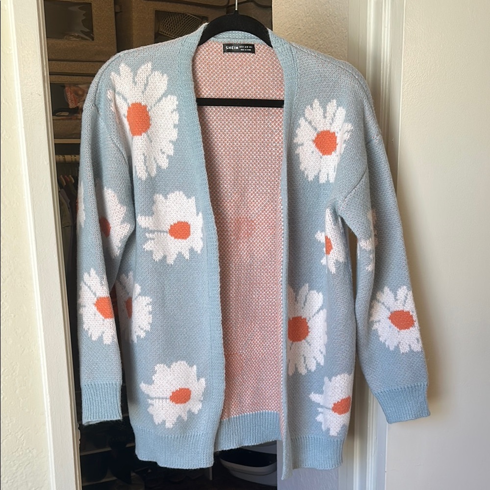 SHEIN Blue and White Daisy Cardigan Sweater